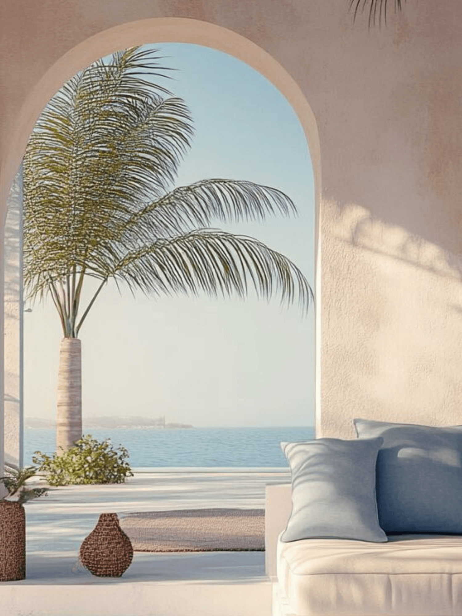 Bali villa arched window with ocean view