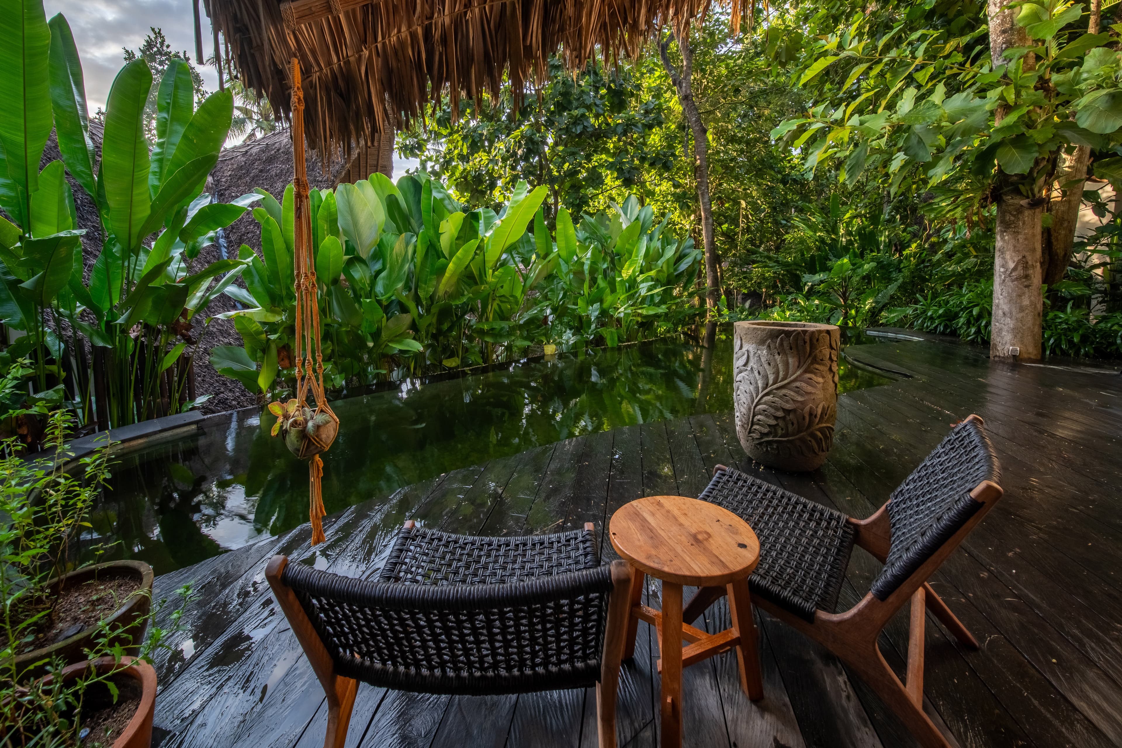 Kailash Villa — pool deck with lounge chairs and jungle