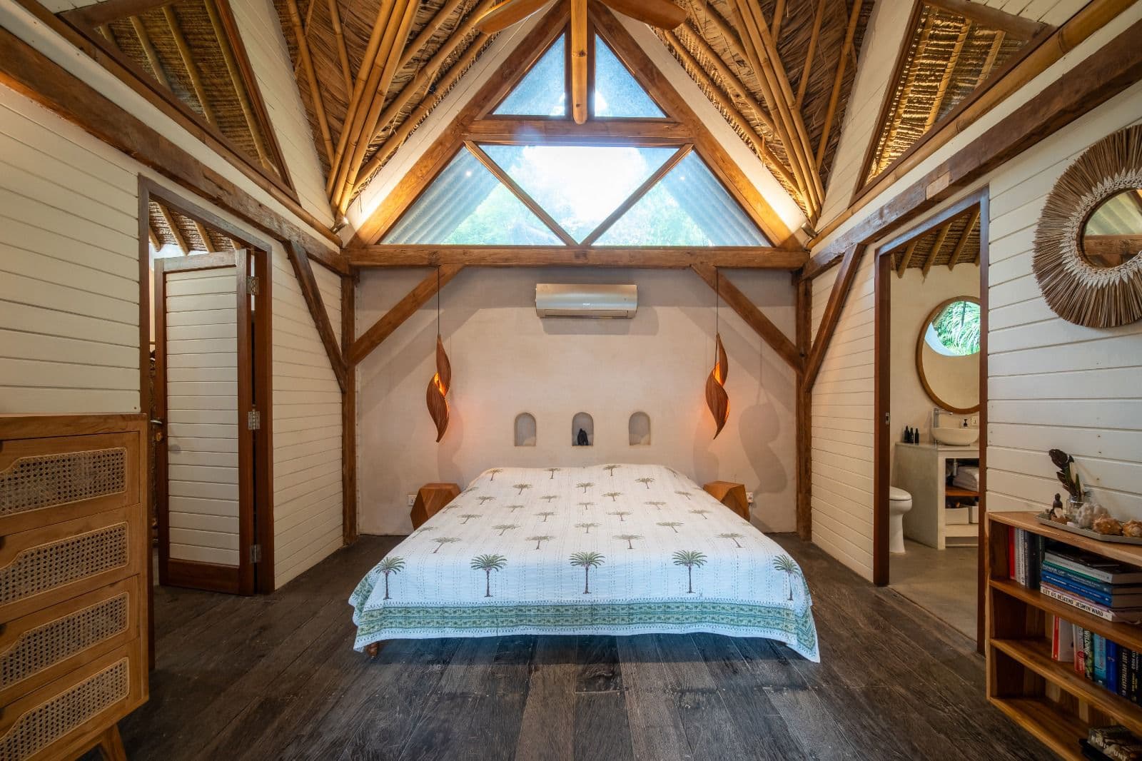 Sungai Villa — loft bedroom with bamboo roof